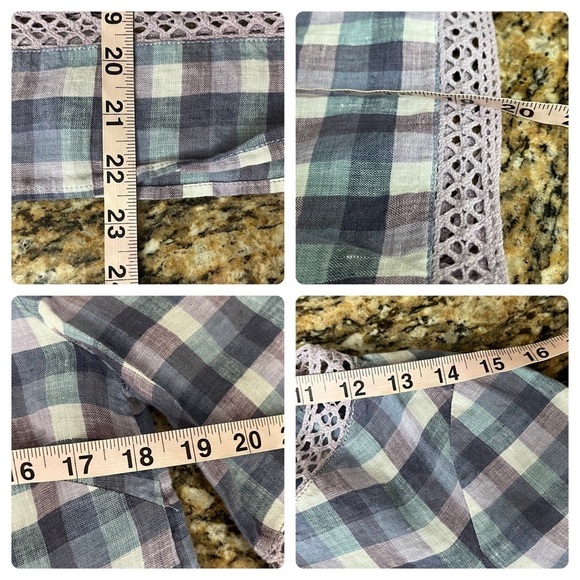 Chicos Crochet-Detail Gingham Linen Popover Top Beach Boho Modest Mature Prep 0 - Picture 6 of 10